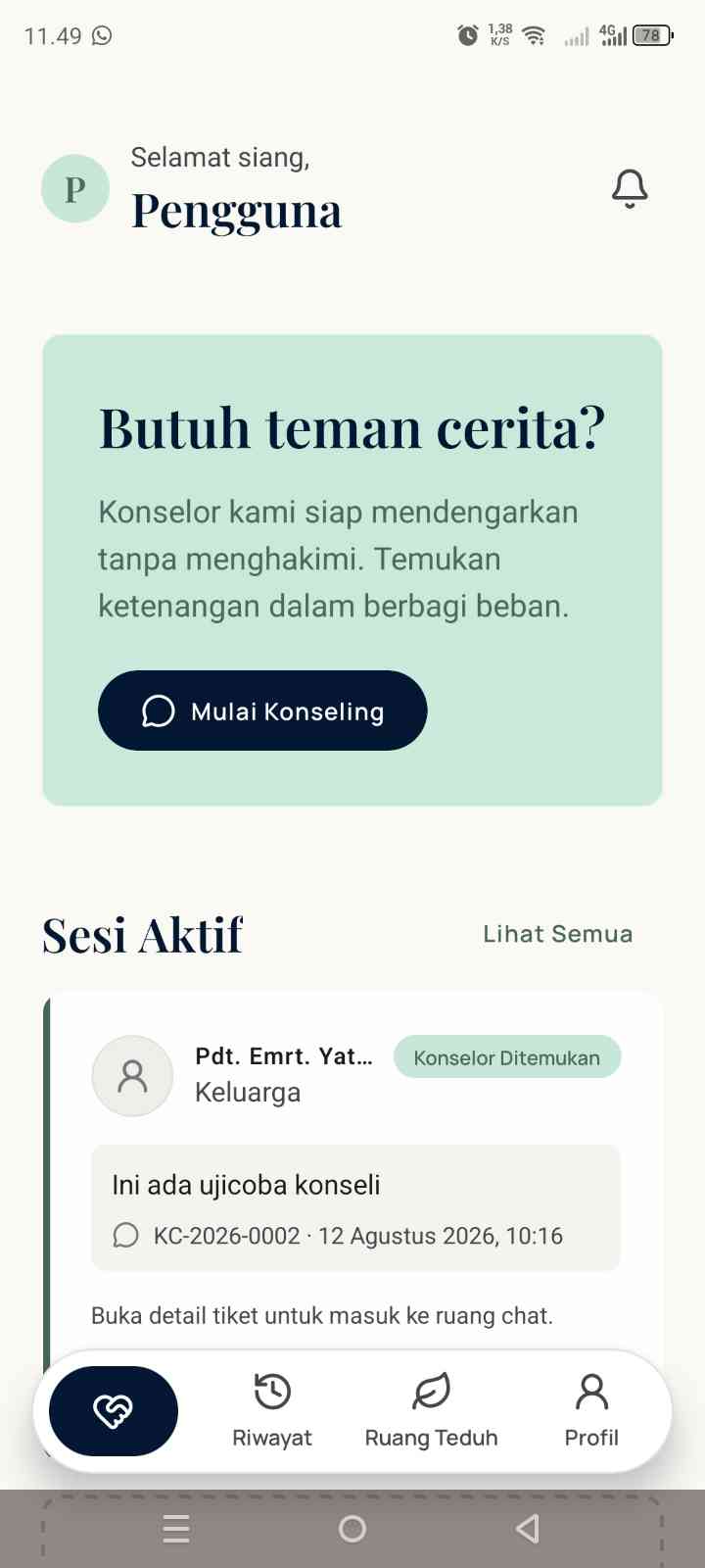 Beranda aplikasi Kawan Cerita: ajakan memulai konseling dan daftar sesi yang sedang berjalan.