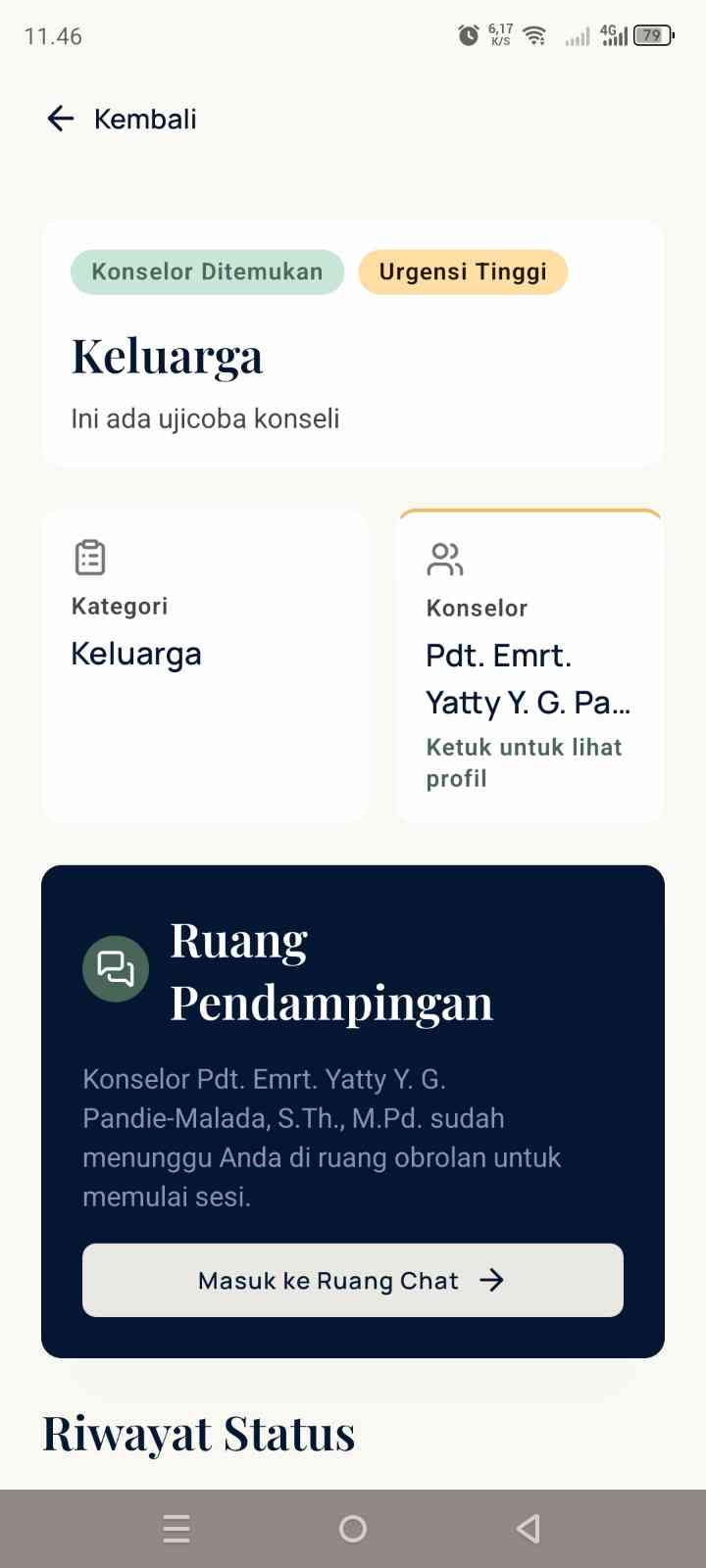 Layar detail tiket: kategori konseling, konselor yang menangani, dan pintu masuk ke ruang pendampingan.